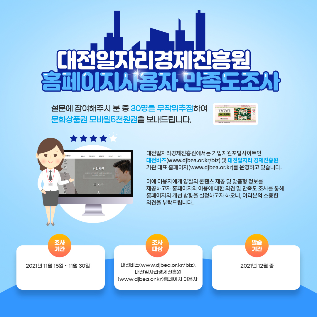 대전일자리경제진흥원 홈페이지사용자 만족도조사 - 설문에 참여해주시 분 중 30명을 무작위추첨하여 문화상품권 모바일5천원권을 보내드립니다. 대전일자리경제진흥원에서는 기업지원포털사이트인 대전비즈(https://www.djbea.or.kr/biz) 및 대전일자리 경제진흥원 기관 대표 홈페이지(www.djbea.or.kr)를 운영하고 있습니다. 이에 이용자에게 양질의 콘텐츠 제공 및 맞춤형 정보를 제공하고자 홈페이지의 이용에 대한 의견 및 만족도 조사를 통해 홈페이지의 개선 방향을 설정하고자 하오니, 여러분의 소중한 의견을 부탁드립니다. 조사기간:2021년11월15일~11월30일/조사대상:대전비즈(www.djbea.or.kr/biz), 대전일자리 경제진흥원(www.djbea.or.kr)홈페이지 이용자/발송기간:2021년12월 중