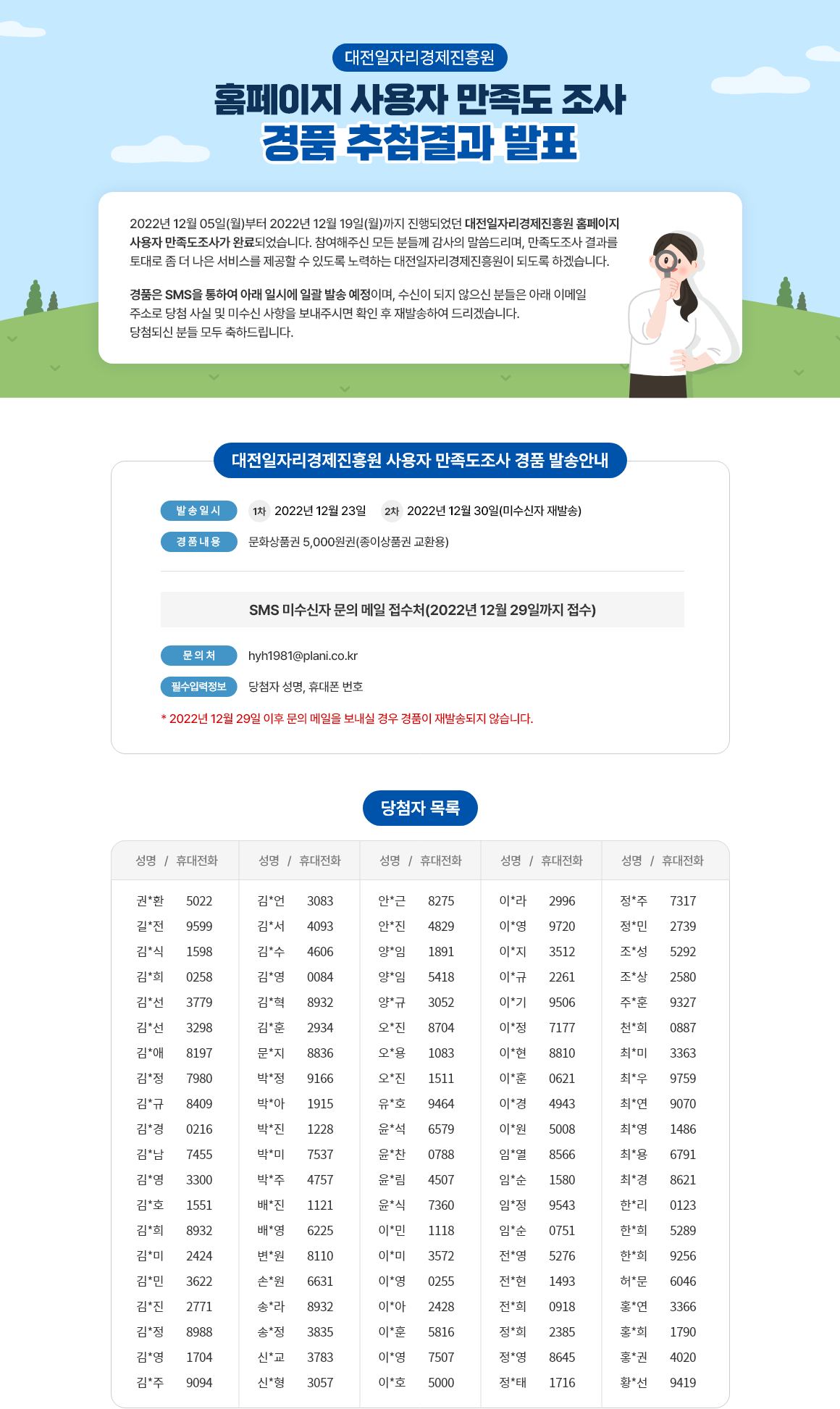 대전일자리경제진흥원 홈페이지사용자 만족도조사 경품 추첨결과 발표 - 자세한 사항은 다음의 내용을 참조하세요